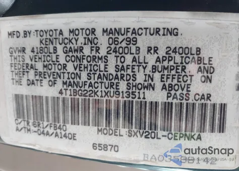 1999 Toyota Camry Le z USA, uszkodzony, nr VIN 4T1BG22K1XU913511